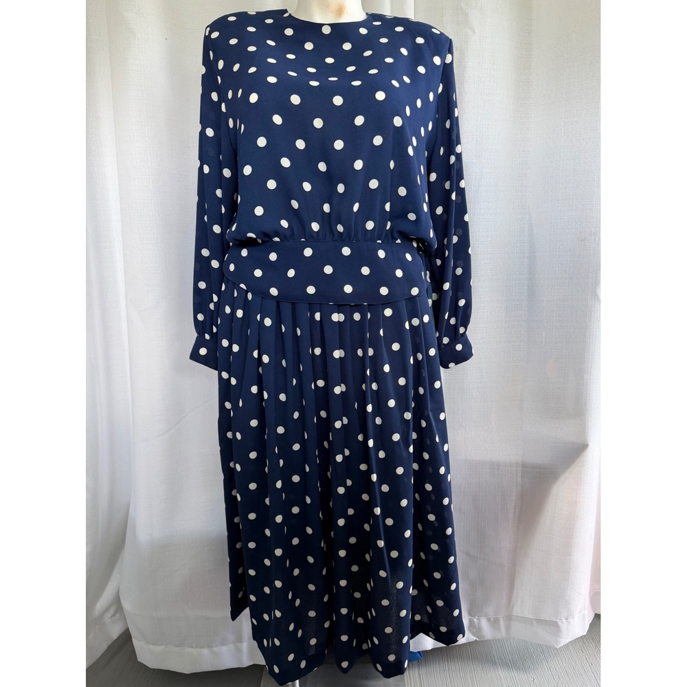 Vintage Chaus Navy Blue Polka Dot Skirt Set 2 Piece Blouse Midi Skirt Women 16 - Picture 2 of 7